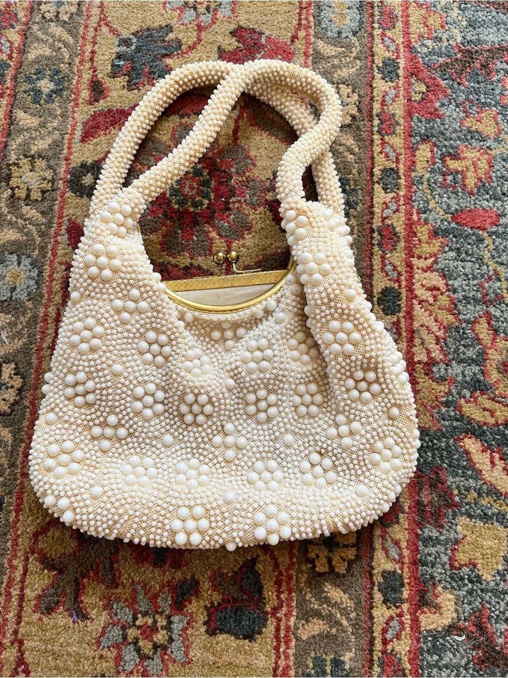 Vintage Ivory Beaded Floral Shoulder Bag with Gold Kiss-Lock